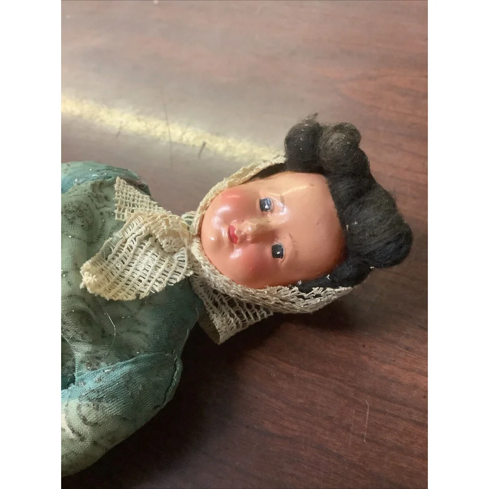 Vintage Celluloid Doll Black Haired Woman Ethic Clothes Handpainted